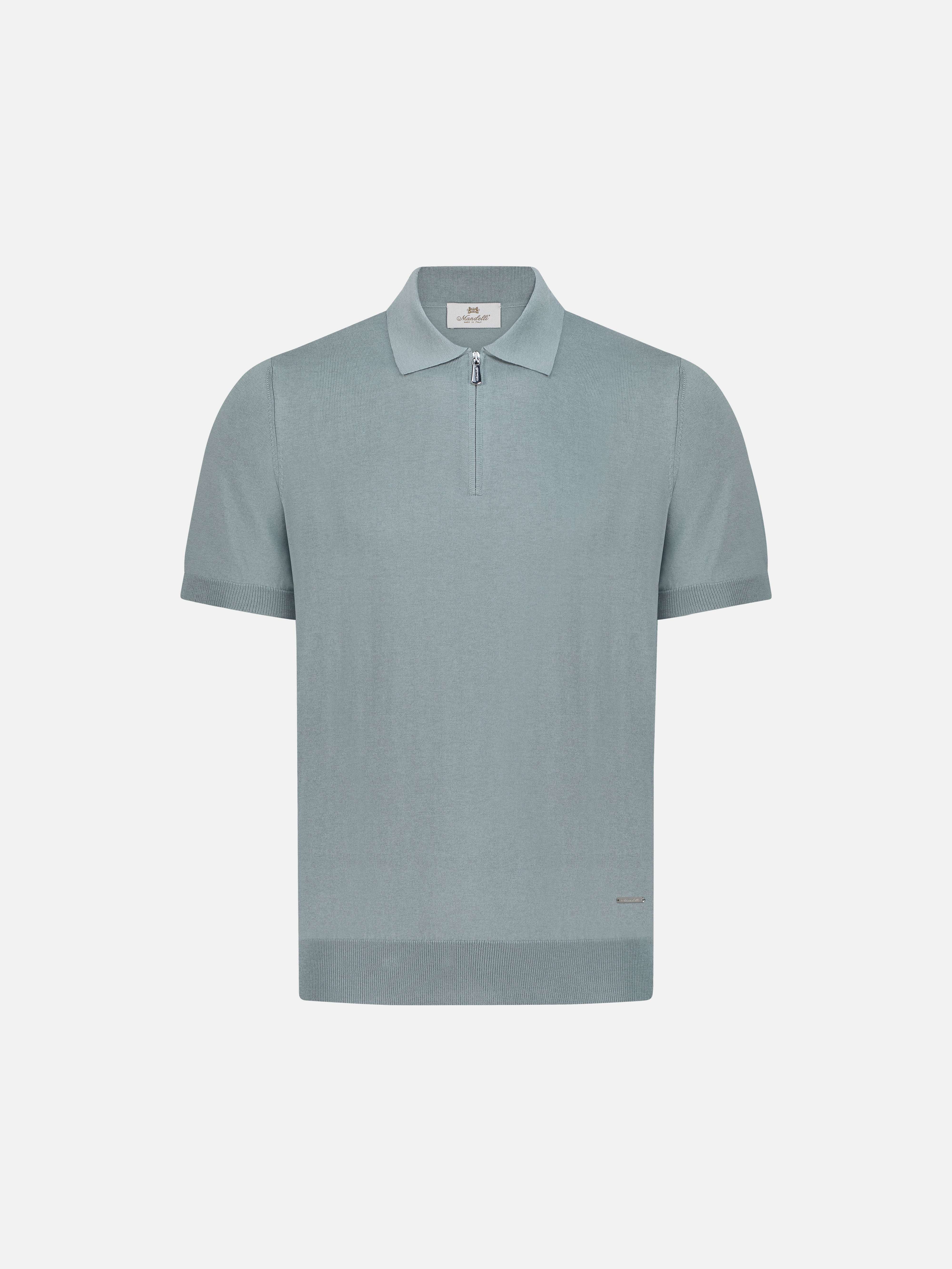 Silk & Cotton Knitted Polo with Zip – Verde Polvere