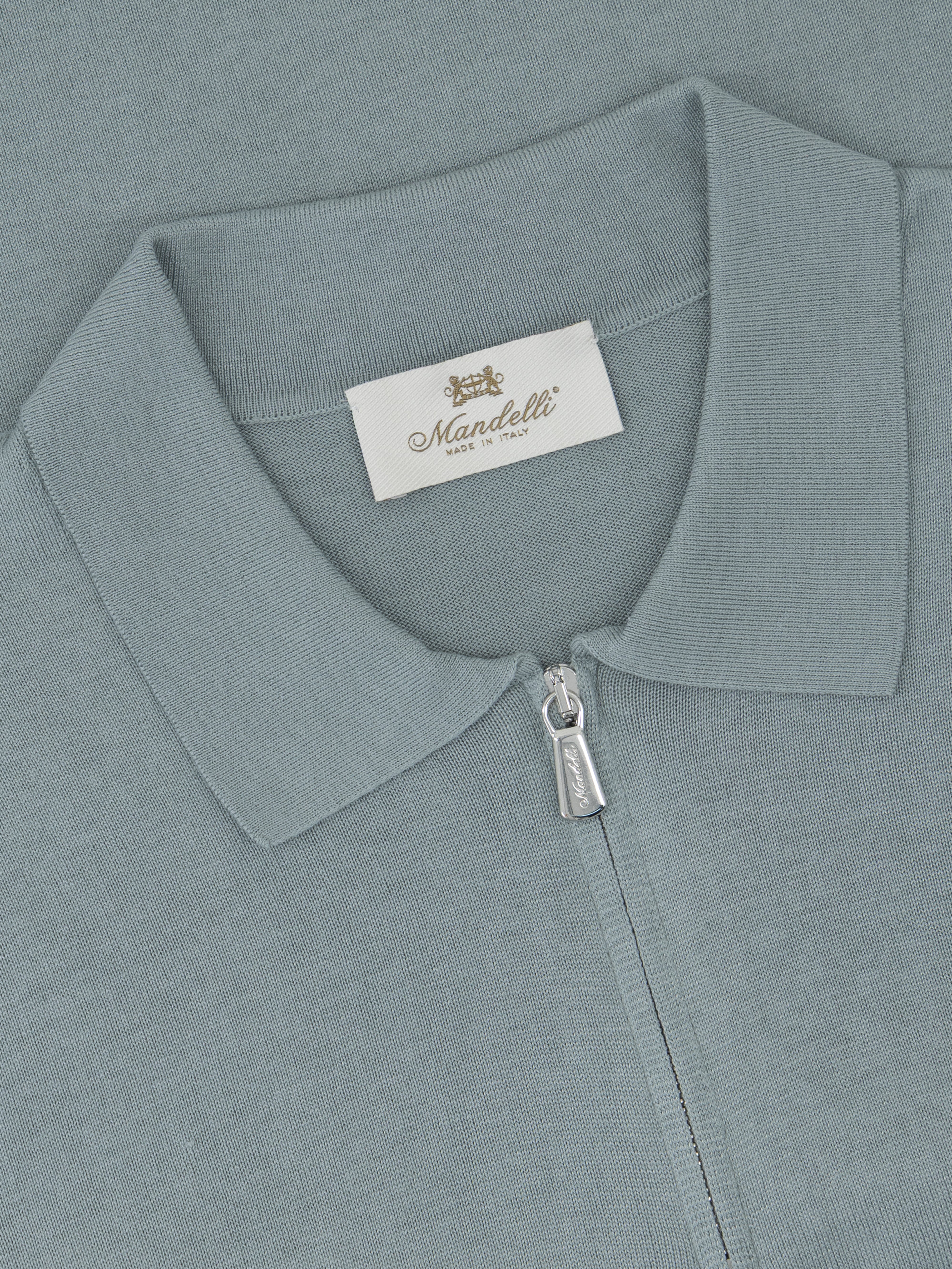 Silk & Cotton Knitted Polo with Zip – Verde Polvere