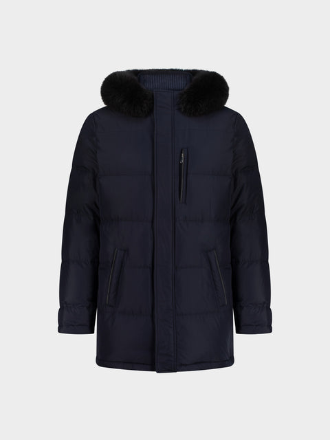 Quilted Technical Parka with Faux Fur Hood – Navy Blue