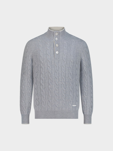 Knitted High-Neck Sweater with Buttons in Pure Cashmere – Grey