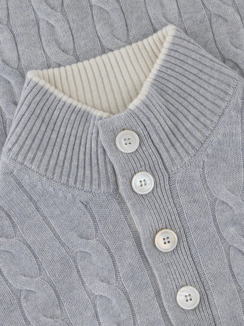 Knitted High-Neck Sweater with Buttons in Pure Cashmere – Grey