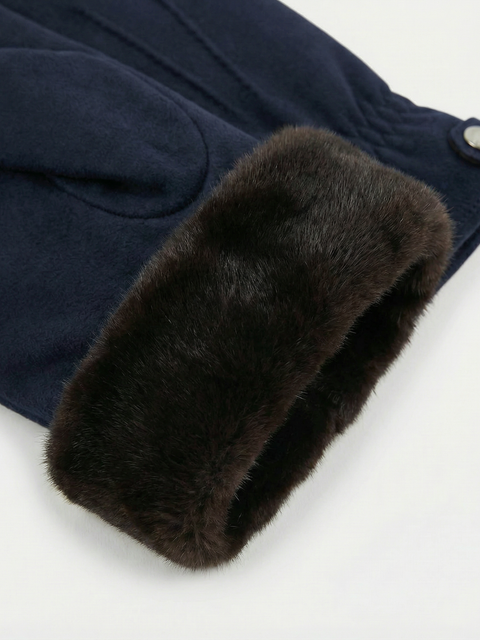 Cashmere & Mink Trim Gloves- Navy Blue