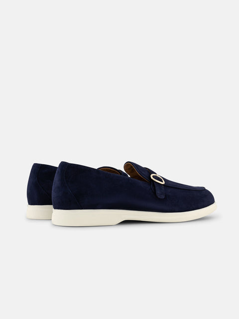 Gold Buckle Suede Loafers Navy