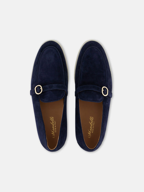 Gold Buckle Suede Loafers Navy