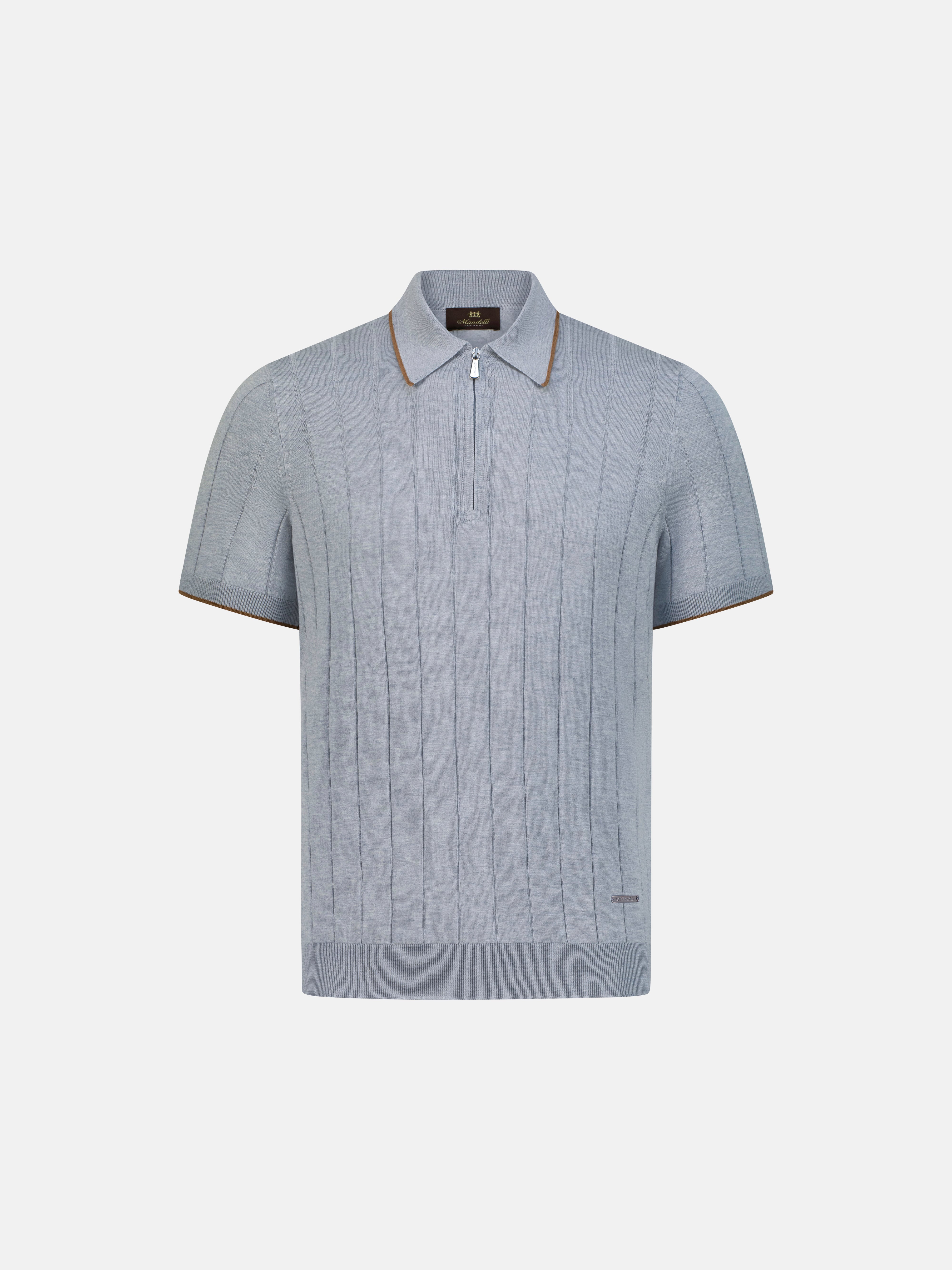 Gray short-sleeve knit polo shirt on a light gray background
