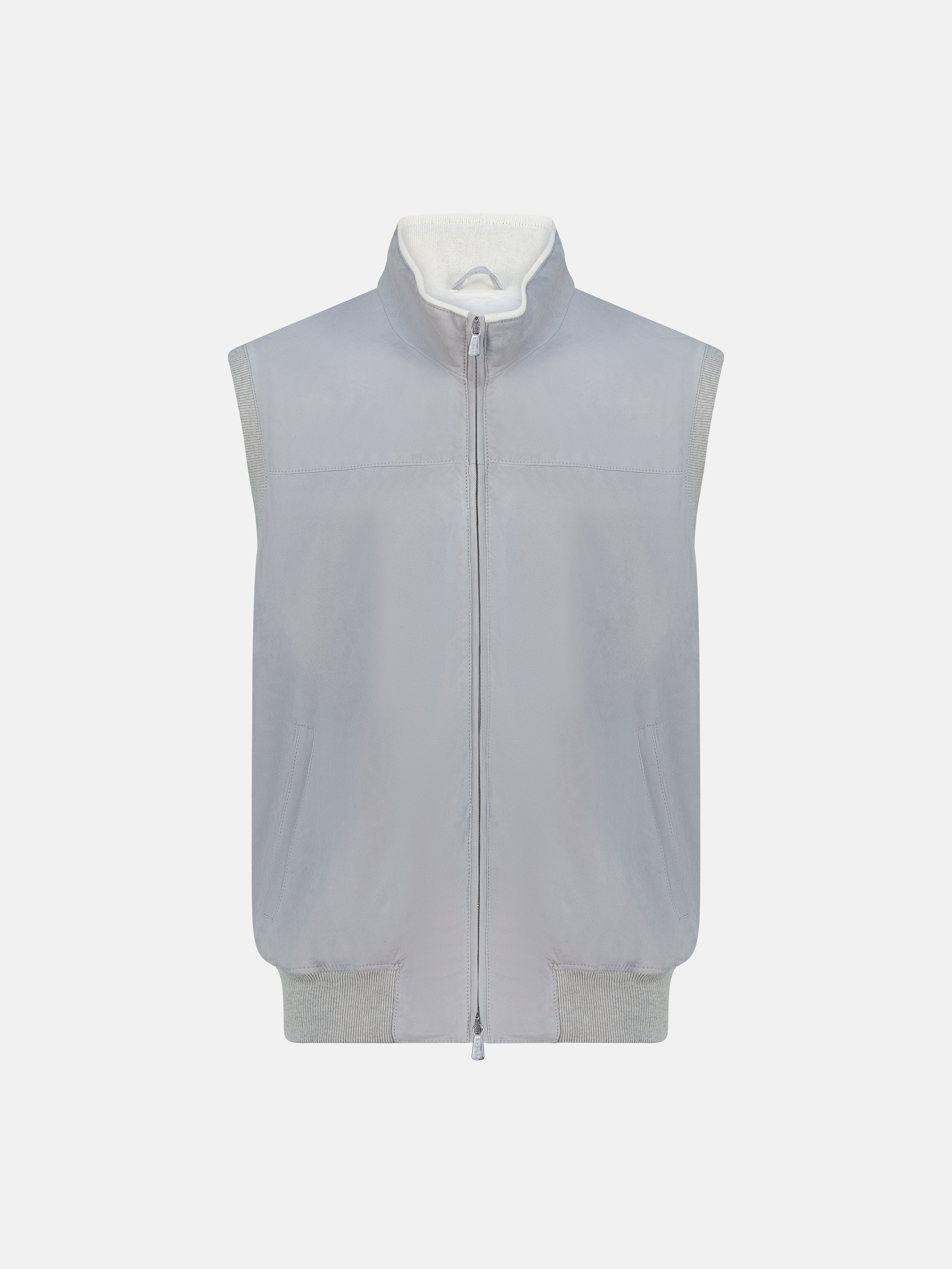 Gray vest with a white shirt underneath on a light gray background