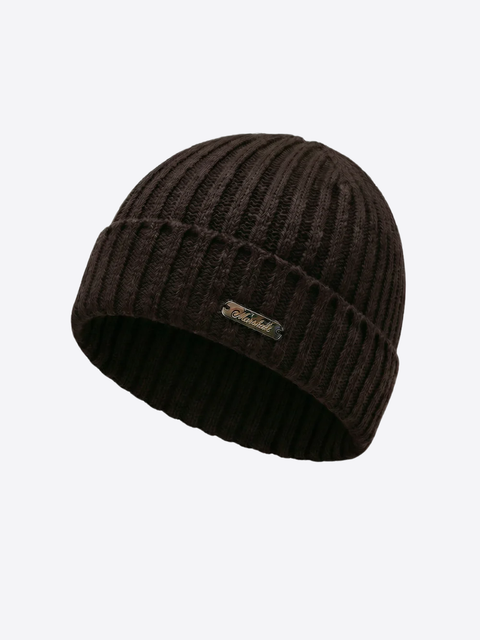 Pure Cashmere Ribbed Beanie- Dark Brown