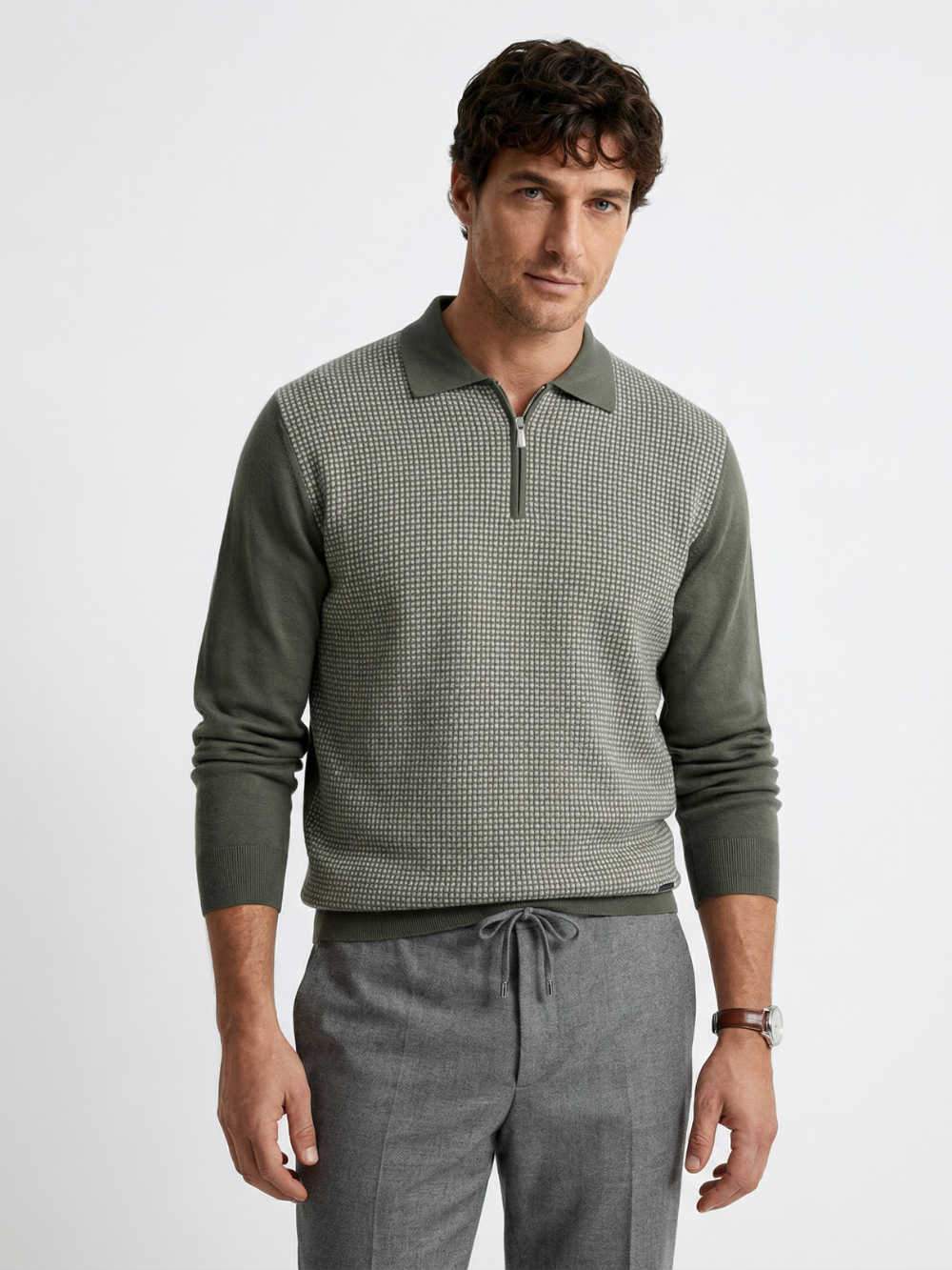 Virgin Wool Zip Polo - Verde