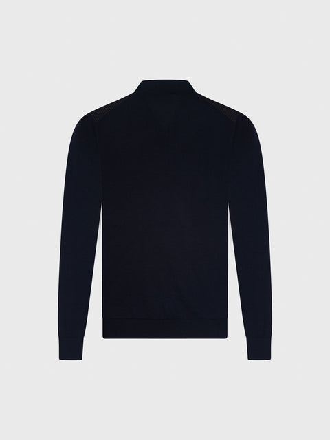 Zip Polo in Wool and Silk with Nubuck Crocodile Leather Details – Navy Blue
