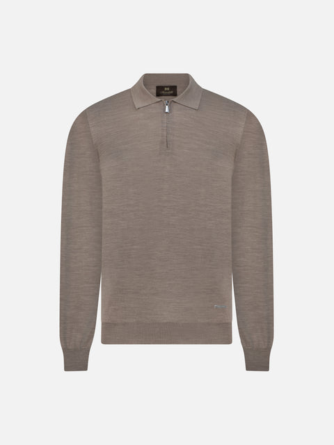 Virgin Wool Zip Polo - Taupe