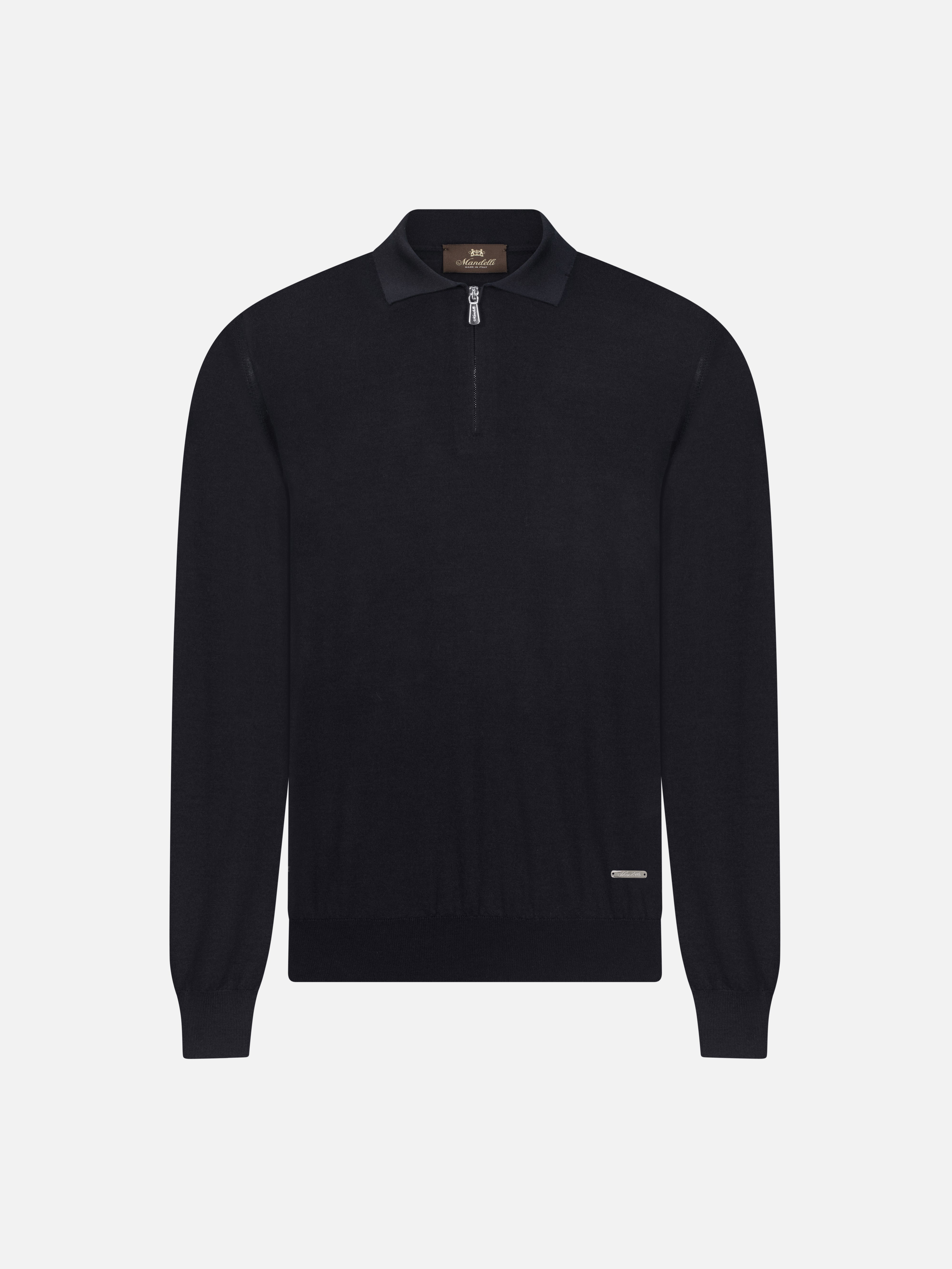 Virgin Wool Zip Polo - Navy