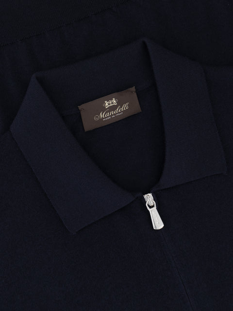 Virgin Wool Zip Polo - Navy