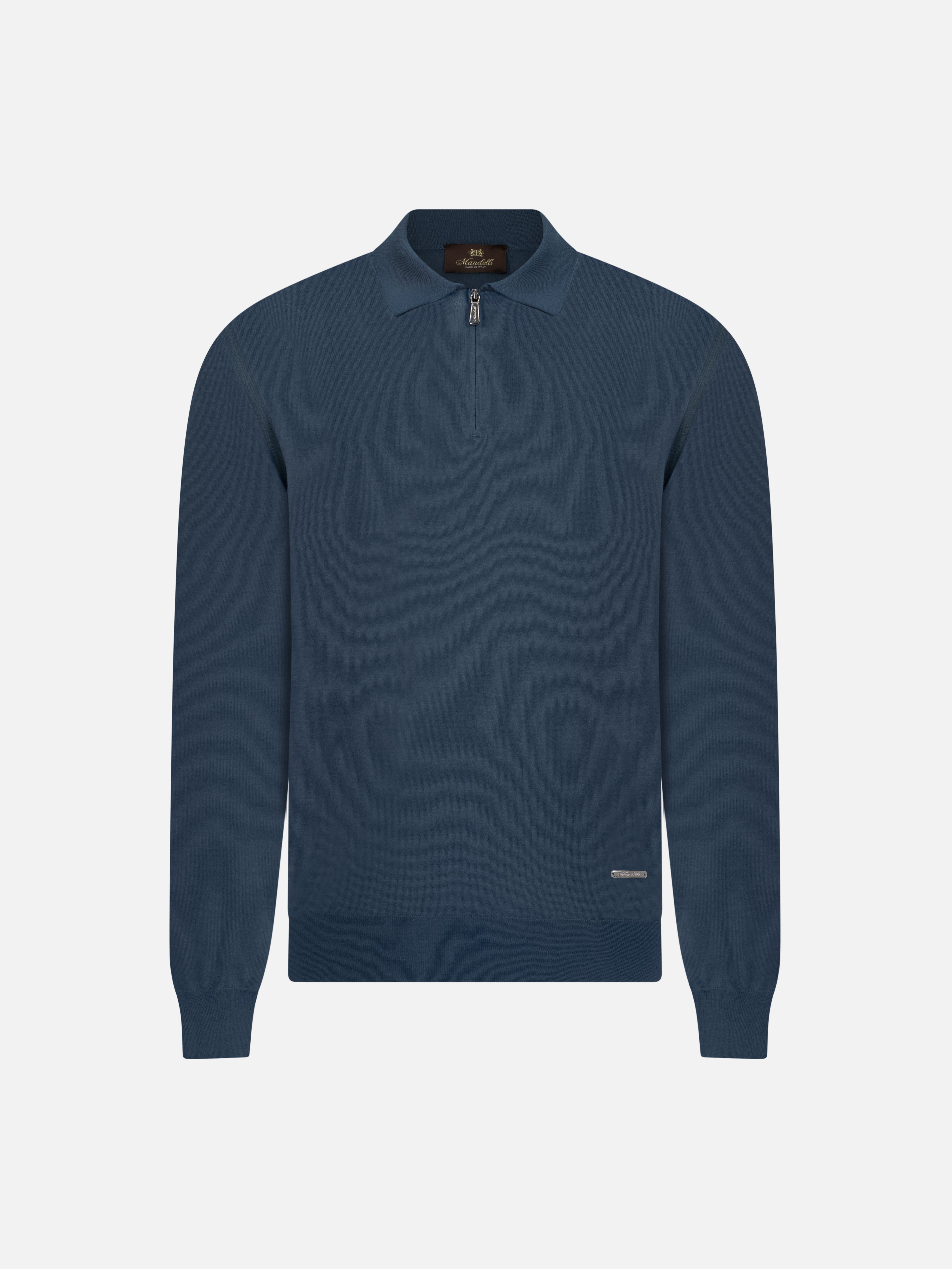 Virgin Wool Zip Polo - Azzuro