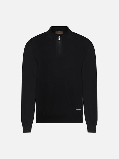 Virgin Wool Zip Polo - Black