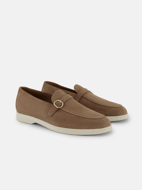 Gold Buckle Suede Loafers - Biscuit