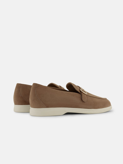Gold Buckle Suede Loafers - Biscuit