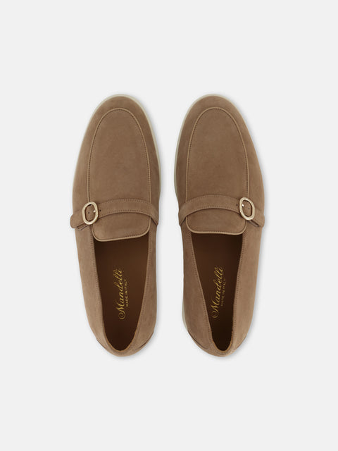 Gold Buckle Suede Loafers - Biscuit