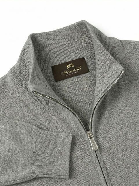 Wool & Cashmere Zip High-Neck Sweater- Grey