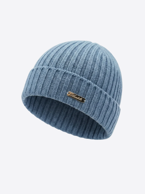 Pure Cashmere Ribbed Beanie- Light Blue