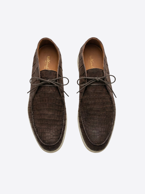 Crocodile Nubuck Leather Lace-Up Shoes – Dark Brown