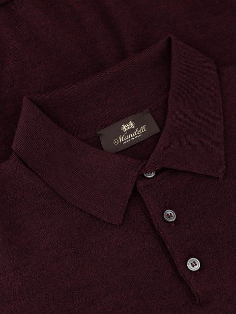 Mandelli Merino Wool Polo with Buttons — Dark Bordeaux, view 2