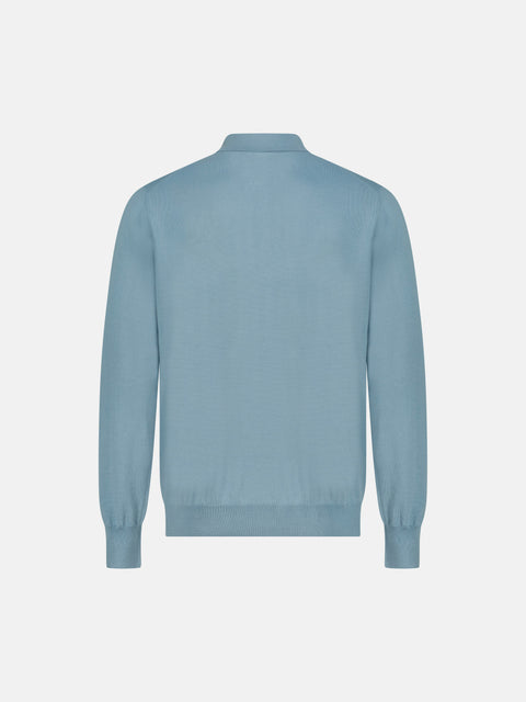 Mandelli Merino Wool Polo with Buttons — Pale Aqua, view 3