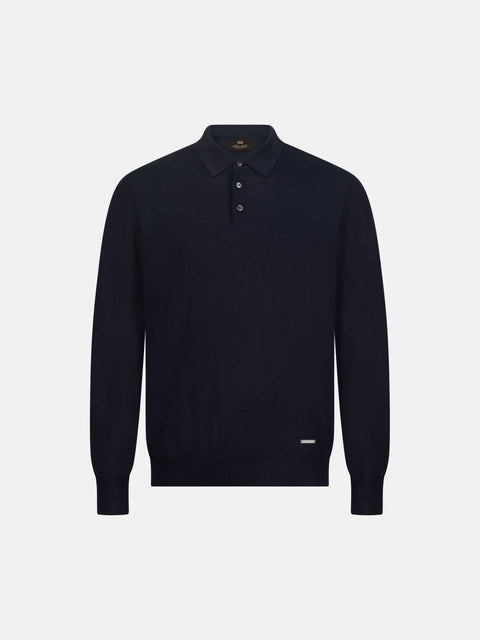 Mandelli Merino Wool Polo with Buttons — Dark Blue