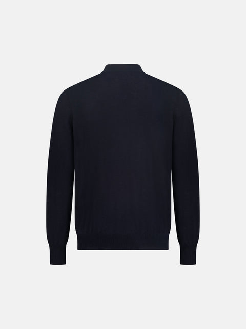 Mandelli Merino Wool Polo with Buttons — Dark Blue, view 3