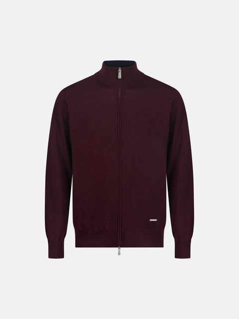 Mandelli Merino Wool Full-Zip Sweater — Dark Bordeaux