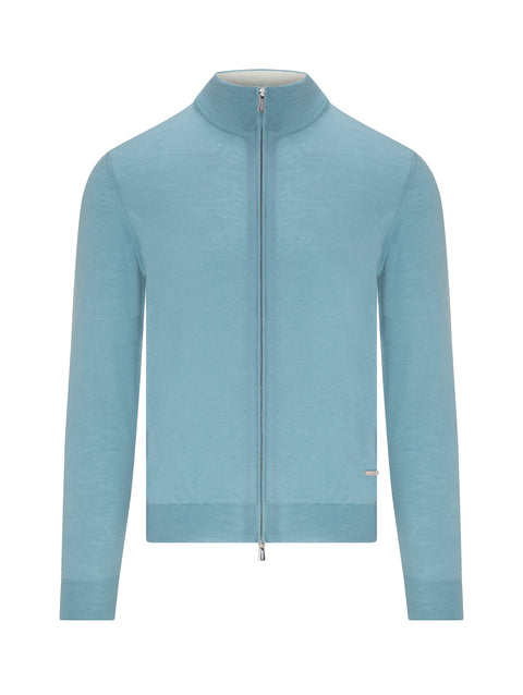 Merino Wool Full-Zip Sweater — Pale Aqua