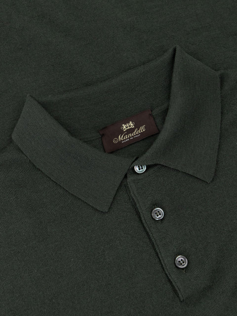 Mandelli Virgin Wool Short-Sleeve Polo with Buttons — Fir Green, view 2