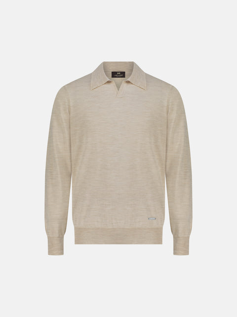 Mandelli Virgin Wool Long-Sleeve Buttonless Polo — Light Beige