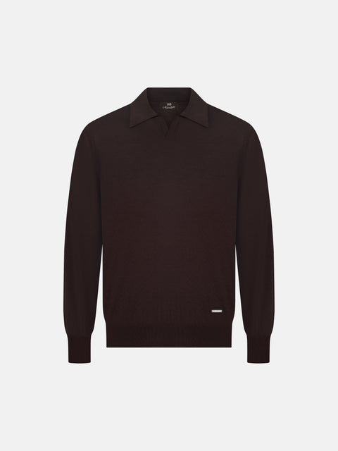 Mandelli Virgin Wool Long-Sleeve Buttonless Polo — Brown