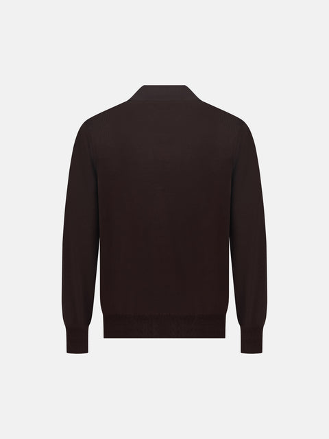 Mandelli Virgin Wool Long-Sleeve Buttonless Polo — Brown, view 3