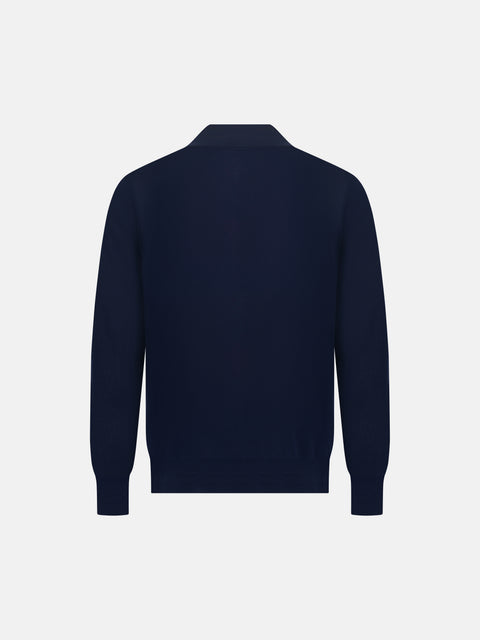 Mandelli Virgin Wool Long-Sleeve Buttonless Polo — Deep Blue, view 3