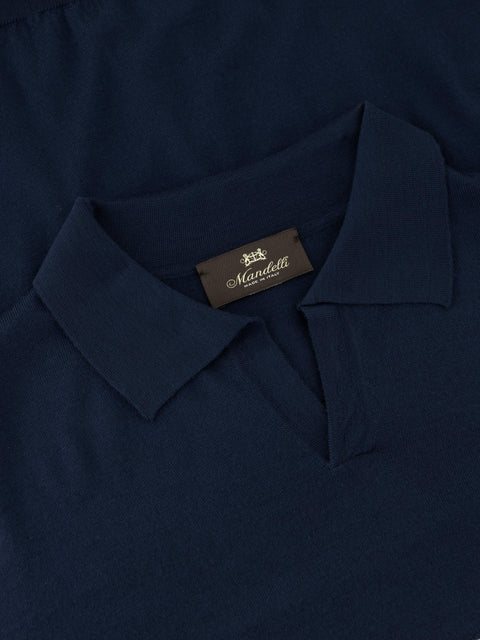Mandelli Virgin Wool Long-Sleeve Buttonless Polo — Deep Blue, view 2