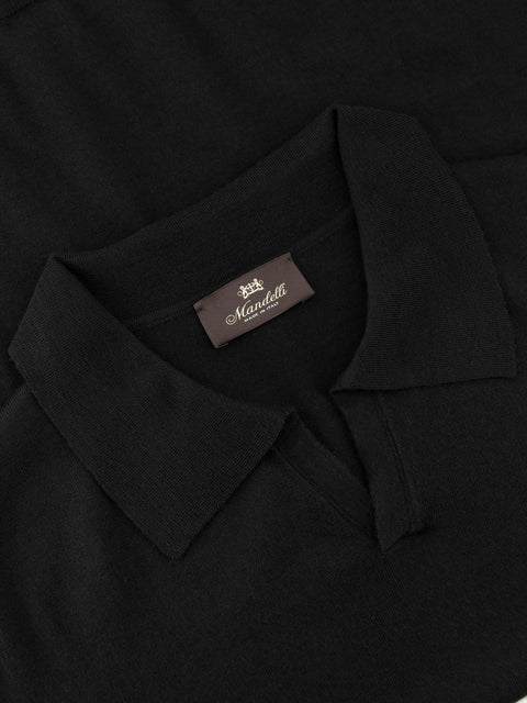 Mandelli Virgin Wool Long-Sleeve Buttonless Polo — Black, view 2