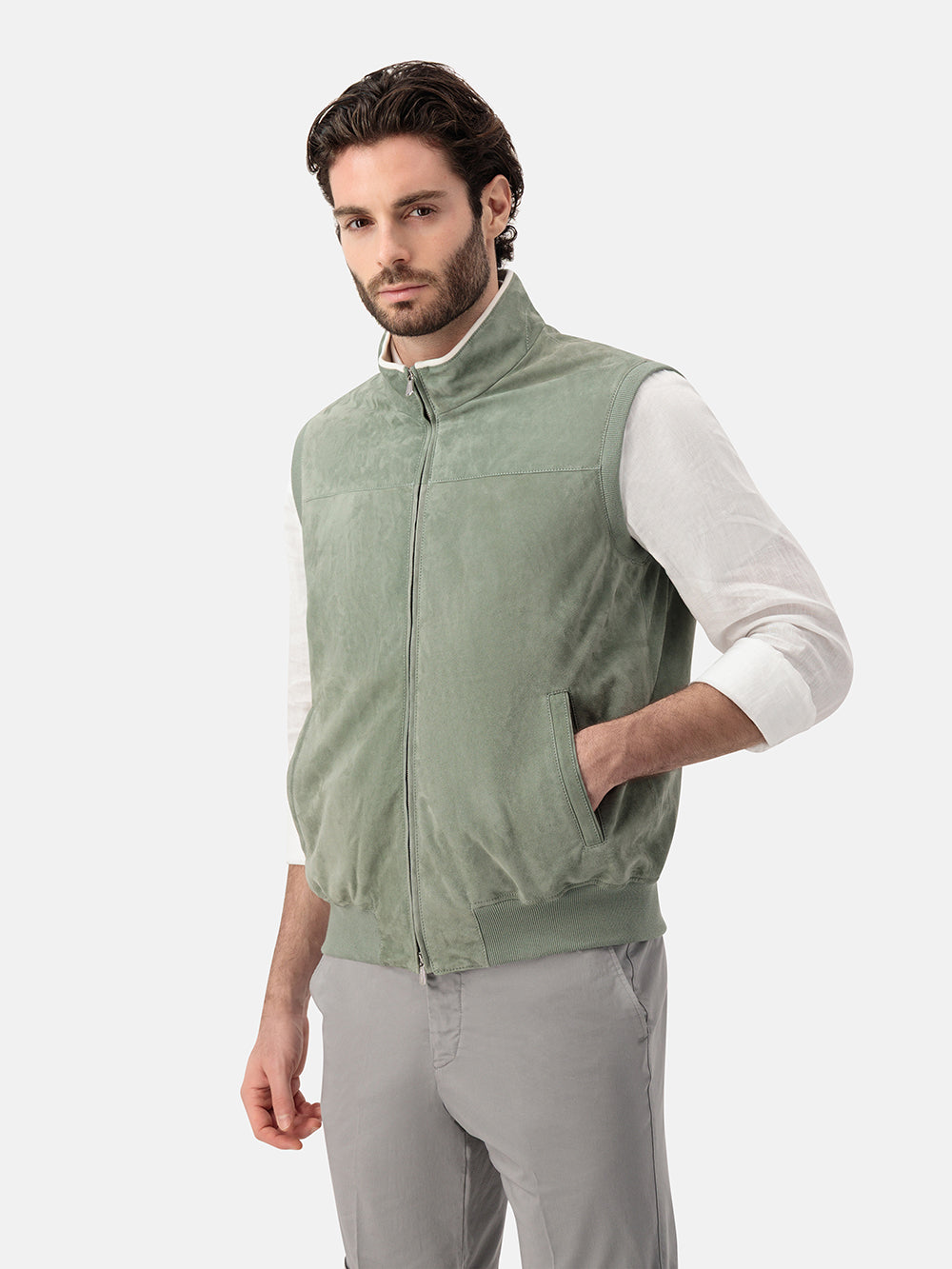 Suede Zip Vest – Verde Salvia