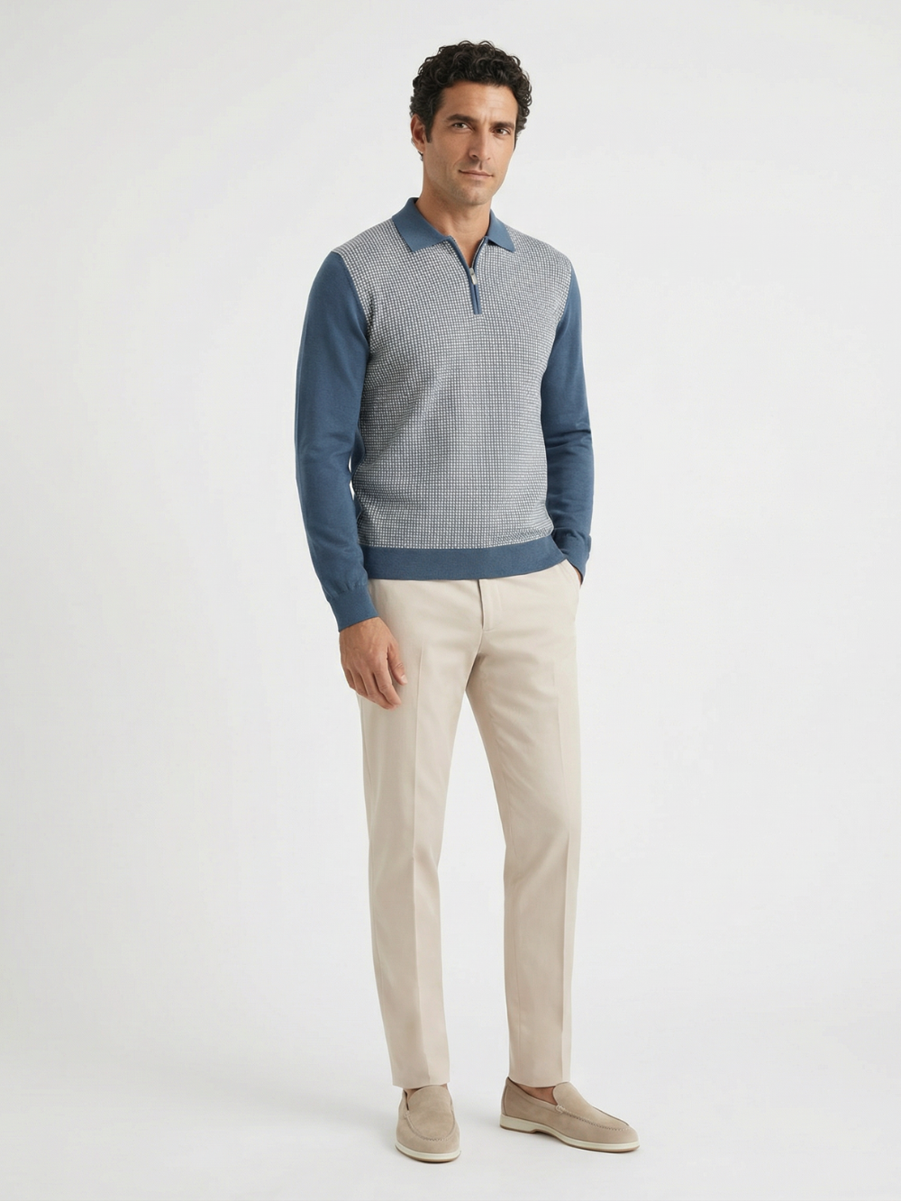 Virgin Wool Zip Polo - Blu Mare