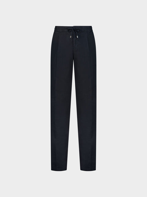Linen & Cotton Drawstring Trousers -  Navy Blue