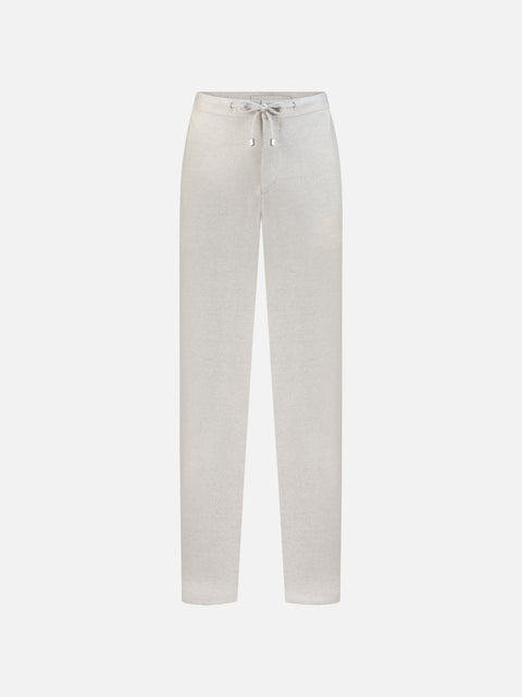 Cashmere Flat-Front Drawstring Trousers — White & Grey