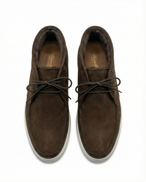 Nubuck Leather Moc-Toe Boots with Fur Lining – Dark Brown