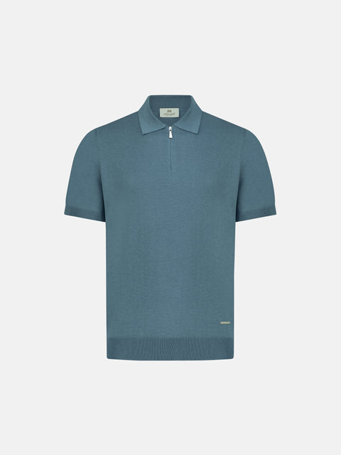 Silk & Cotton Knitted Polo with Zip – Grey Green