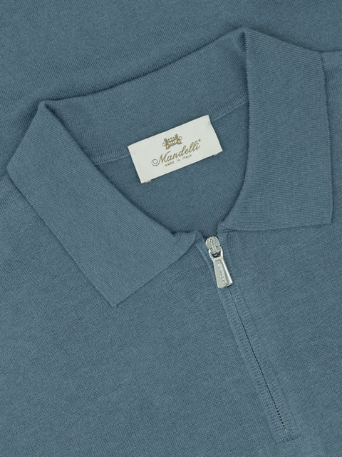 Silk & Cotton Knitted Polo with Zip – Grey Green