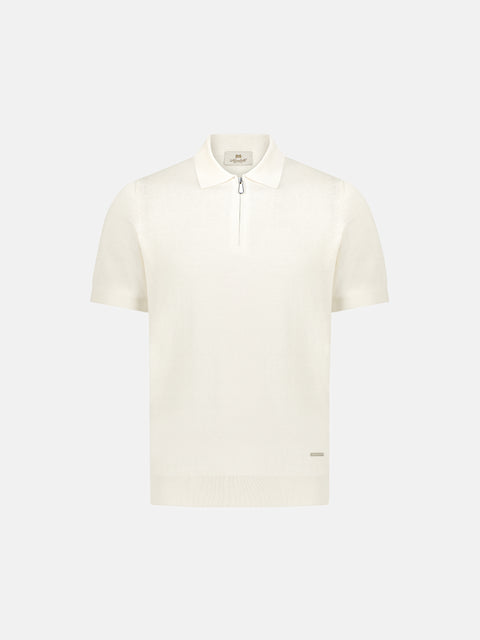 Silk & Cotton Knitted Polo with Zip – White