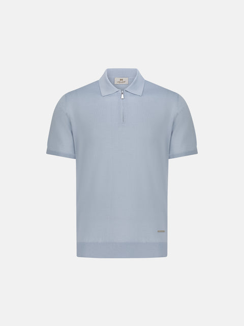 Knitted Polo in Wool & Silk with Zip – Light Blue