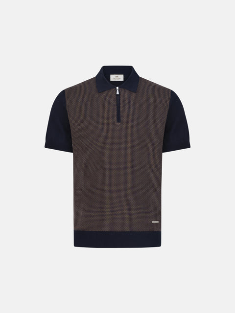 Cotton & Silk Knitted Polo with Zip – Blue / Brown