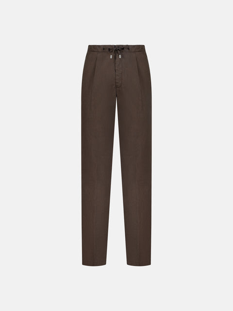 Linen Blend Drawstring Trousers - Brown