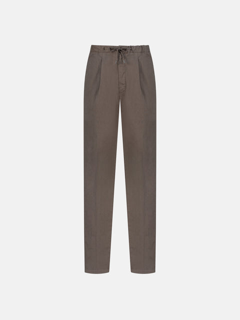 Brown Linen Blend Drawstring Trousers