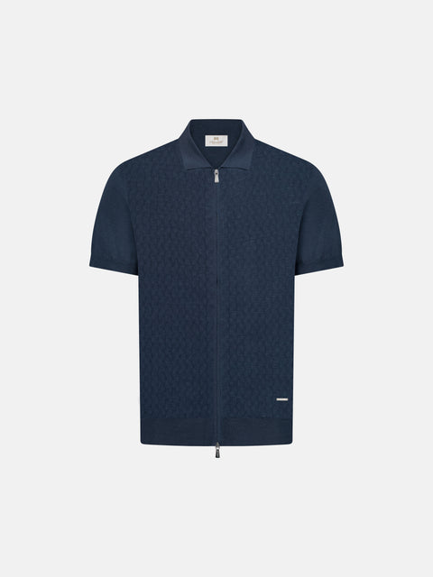 Silk Cotton Knitted Full Zip Polo- Avio Blue